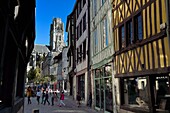Frankreich, Seine-Maritime, Rouen, die sehr alte rue Damiette und die Abtei Saint-Ouen im Hintergrund