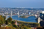 France, Seine Maritime, Rouen, Gustave Flaubert lift bridge over the Seine river and the port