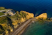 France, Calvados, Cricqueville en Bessin, Pointe du Hoc, german fortifications of the Atlantic wall, former german battery observation and firing station, monument in honor of the sacrifice of American troops and one of the places of commemoration of the landing (aerial view)