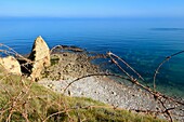 France, Calvados, Cricqueville en Bessin, Pointe du Hoc, barbed wire from a blockhouse