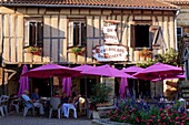 France, Gers, Bassoues, Main Street, half timbered houses, Center Restaurant