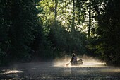 France, Morbihan, La Gacilly, kayaker in the marsh mist at Glenac