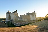 Frankreich, Morbihan, Sarzeau, das Schloss von Suscinio auf der Halbinsel von Rhuys bei Sonnenaufgang