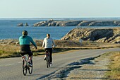 France, Morbihan, Quiberon, cyclists along the Cote Sauvage of Quiberon peninsula