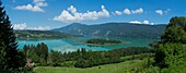 France, Savoie, Lake Aiguebelette, panoramic view of the lake with the large island and the mountain of Epine