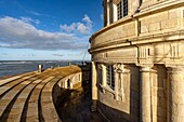 France, Gironde, Verdon sur Mer, rocky plateau of Cordouan, lighthouse of Cordouan, listed as World Heritage by UNESCO, view of the coronation that houses the dwellings