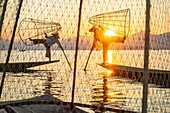 Myanmar (Burma), Shan State, Inle Lake, Intha fishermen with their conical net