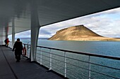 Greenland, West Coast, North Star Bay, Wolstenholme fjord, Dundas (Thule) tabular mountain seen from the Hurtigruten's MS Fram cruise ship