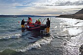 Grönland, Westküste, North Star Bay, Wolstenholme Fjord, Dundas (Thule), Anlandung von Passagieren des Hurtigruten-Kreuzfahrtschiffs MS Fram mit dem PolarCirkel am Strand
