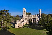 Frankreich, Seine-Maritime, Frankreich, Seine-Maritime, Pays de Caux, Regionaler Naturpark der normannischen Seine-Mäander, Jumieges, die im 7. Jahrhundert gegründete Abtei Saint Pierre de Jumieges (Luftbild)