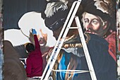 France, Indre et Loire, Loire valley listed as World Heritage by UNESCO, Amboise, Amboise castle, the graffiti artist Ravo in residence at the castle of Amboise reproduces in situ the painting The Death of Leonard de Vinci