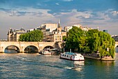 France, Paris, area listed as World Heritage by UNESCO, the banks of the Seine, the Ile de la Cite and a fly boat