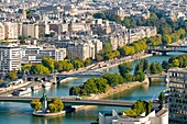 Frankreich, Paris, die Schwaneninseln, die Freiheitsstatue, die Seine-Ufer des 16. Arrondissements (Luftaufnahme)