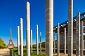 France, Paris, area listed as World Heritage by UNESCO, the Peace Wall of Jean Michel Wilmotte and Clara Halter and the Eiffel Tower at the Champ de Mars