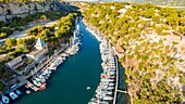 France, Bouches du Rhone, Cassis, Calanques National Park, Port Miou (aerial view)