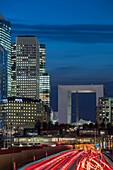 France, Hauts de Seine, La Defense, road traffic on the N13 and the Pont de Neuilly, in the background the Great Arch of the architect Otto Von Spreckelsen