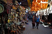 Morocco, High Atlas, Marrakech, Imperial city, Medina listed as World Heritage by UNESCO, shops in the dyers souk, wool drying