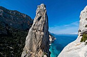 Italy, Sardinia, Baunei, Orosei Gulf, trek towards Cala Goloridze, Goloridze monolith