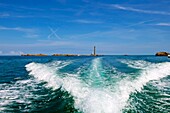 Frankreich, Finistere, Plouguernau, die Jungferninsel im Archipel von Lilia, der Leuchtturm der Jungferninsel, der höchste Leuchtturm Europas mit einer Höhe von 82,5 Metern