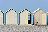 France, Somme, Baie de Somme (Somme bay), Cayeux sur Mer, the boardwalk lined with 400 colorful cabins and 2 km long