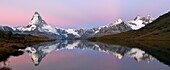 Switzerland, canton of Valais, Zermatt, the Matterhorn (4478m), Dent Blanche, Obergabelhorn and Wellenkuppe peaks from Lake Stellisee