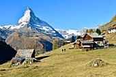 Switzerland, canton of Valais, Zermatt, hamlet Findeln in front of the Matterhorn (4478m)