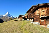 Switzerland, canton of Valais, Zermatt, hamlet Findeln in front of the Matterhorn (4478m)