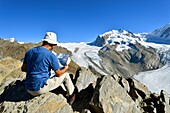 Switzerland, canton of Valais, Zermatt, Gornergrat (3100 m), Monte Rosa Glacier and Monte Rosa (4634m)