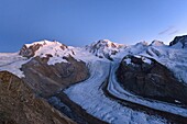 Switzerland, canton of Valais, Zermatt, Gornergrat (3100 m), Monte Rosa Glacier and Monte Rosa (4634m) and Border Glacier