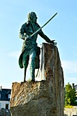 France, Manche, Cotentin, Granville, the Upper Town built on a rocky headland on the far eastern point of the Mont Saint Michel Bay, statue of Georges René Le Pelley de Pléville says the Corsair with a wooden leg