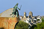 /France, Manche, Cotentin, Granville, the Upper Town built on a rocky headland on the far eastern point of the Mont Saint Michel Bay, statue of Georges René Le Pelley de Pléville says the Corsair with a wooden leg, in the background Saint Paul church