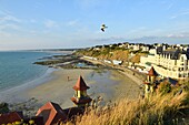 France, Manche, Cotentin, Granville, the Upper Town built on a rocky headland on the far eastern point of the Mont Saint Michel Bay, Plat Gousset beach and promenade, the casino towers in the foreground