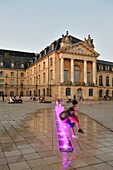 Frankreich, Cote d'Or, Dijon, von der UNESCO zum Weltkulturerbe erklärtes Gebiet, Brunnen auf dem Place de la Libération (Platz der Befreiung) vor dem Turm Philippe le Bon (Philipp der Gute) und dem Palast der Herzöge von Burgund, in dem das Rathaus und das Museum der Schönen Künste untergebracht sind