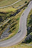 France, Savoie, Valloire, massif des Cerces, cycling ascension of the Col du Galibier, one of the routes of the largest bike domain in the world, a winding road with beautiful curves, the laces above Plan Lachat
