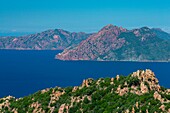 Frankreich, Corse du Sud, Golf von Porto, von der UNESCO zum Weltnaturerbe erklärt, Ufer von Piana mit Felsen aus rosa Granit, im Hintergrund Capo Senino und das Naturschutzgebiet der Halbinsel Scandola
