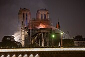 France, Paris, area listed as World Heritage by UNESCO, Ile de la Cite, Notre-Dame Cathedral during the fire of 15/04/2019