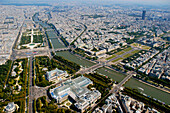 France, Paris (75), area listed as World Heritage by UNESCO, general view of Paris with the Grand Palais, the hotel des Invalides the Tuileries Garden and the Montparnasse Tower (aerial view)