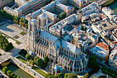 France, Paris, area listed as World Heritage by UNESCO, Notre Dame Cathedral on the Ile de la Cite (aerial view)