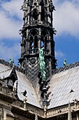 France, Paris, area listed as World Heritage by UNESCO, ile de la Cite, Notre-Dame de Paris Cathedral, Statues of the Apostles and the Eagle, symbol of Saint John the Evangelist on the arrow