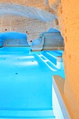 Italy, Basilicata, Matera, troglodyte old town listed as World Heritage by UNESCO, European Capital of Culture 2019, Sasso Caveoso, Aquatio hotel (Cave Luxury Hotel & Spa) designed by architect Simone Micheli and opened in 2018, swimming pool dug in the tuff