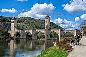 France, Lot, Quercy, Cahors, The Valentre bridge above Lot river, dated 14 th. century, listed as World Heritage by UNESCO