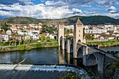 France, Lot, Quercy, Cahors, The Valentre bridge above Lot river, dated 14 th. century, listed as World Heritage by UNESCO