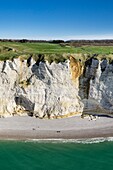 France, Seine Maritime, Etretat, Cote d'Abatre, Pointe de la Courtine, Antifer beach (aerial view)