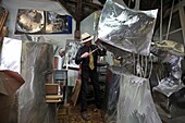 Germany, Baden Wurttemberg, Karlsruhe, The artist's studio Klaus Gindchen, contemporary artist who creates musical instruments from metal plates