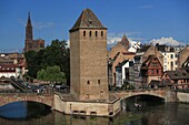 France, Bas Rhin, Strasbourg, Bridge covered bridges seen from the dam Vauban, we see the cathedral in the background