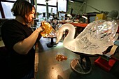 France, Bas Rhin, Wingen sur Moder, Lalique factory of Wingen on Moder, the cold hall, some parts of the piece of crystal are protected by a resin which will resist the sanding, Lalique is a French luxury company, founded by the master glassmaker and French jewelery designer Rene Lalique in 1888