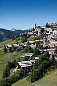 France, Hautes Alpes, Queyras massif, Saint Veran, general view of the village from the Clausis road