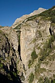 France, Alpes de Haute Provence, Ubaye massif, Saint Paul sur Ubaye, the bridge of Châtelet hung on two cliffs overhangs the torrent of Ubaye