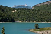 France, Isere, Trieves, lake of Monteynard, the beginning of the walk of the footbridges on the commune of Savel and the mount Aiguille (2087 m)