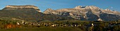 France, Isere, Trieves, panoramic view of Mens at sunset and the massif of Obiou (2790m)